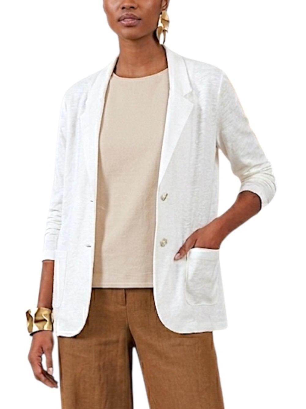 Minimalist coastal pure linen knit unstructured white boxy old money blazer XL